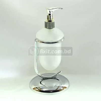 Portable Glass Body Liquid Soap Dispenser with Golden Chrome Outlet and Stainless Steel Stand