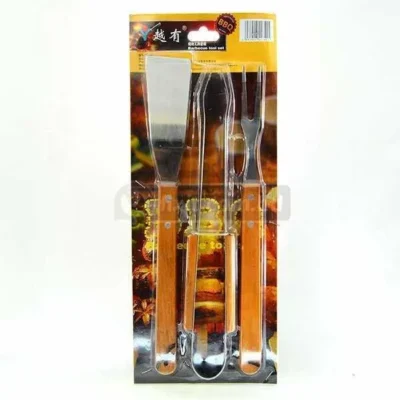 3 Pcs Stainless Steel Barbecue Kitchen Set includes Scraper Tong & Fork with Wooden Handle