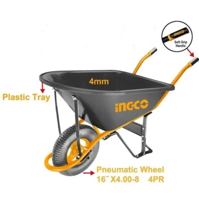 150kg Industrial Plastic Tray Two Tone Soft Grip Handle Wheelbarrow Ingco Brand HHWB66018