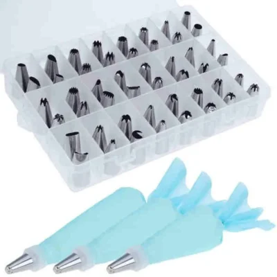 ZACRO Pack of 54 Reusable Stainless Steel Cake Decorating / Icing / Pastry Nozzles, 48 x Nozzles, 3 x Standard Couplers, 3 Icing Bags