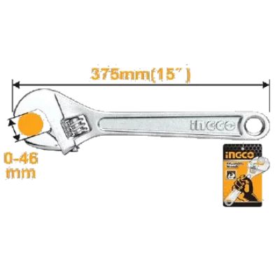 15 inch Stainless Steel Color Adjustable Wrench without Grip Ingco Brand HADW131152
